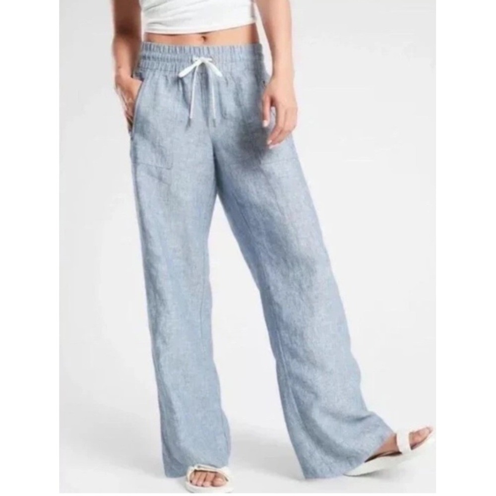 Athleta Womens Wide Leg Linen Blend Drawstring Pants Light Blue Chambray S